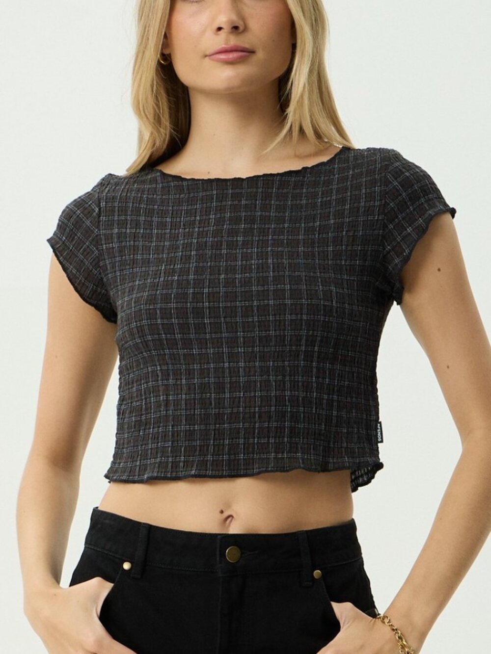 Afends Darcy Seersucker Top - Black Check - Size Medium